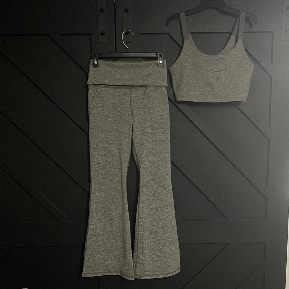 Aerie Gray Flare Yoga Pants with Wide Waistband and Top To Match
